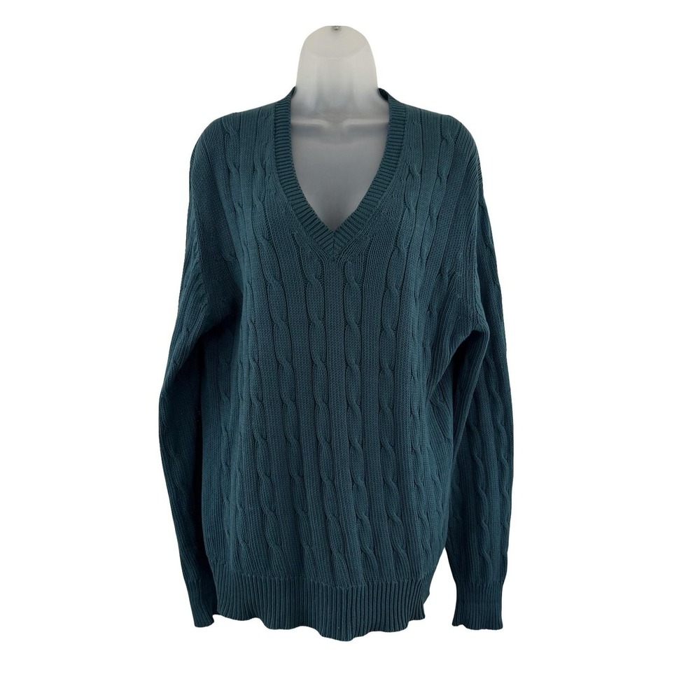 Paul Stuart Sweater Mens XL Teal V Neck Cable Knit Raglan‎ Long Sleeve Pullover